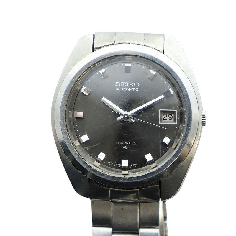 セイコー SEIKO 腕時計 ウォッチ 自動巻き デイト カレンダー付き 黒文字盤 ロゴ 17石 シルバー色 7005-7030 GY11 /MQ