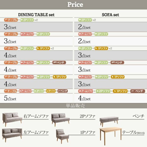 4点セット テーブル＋2Pソファ1脚