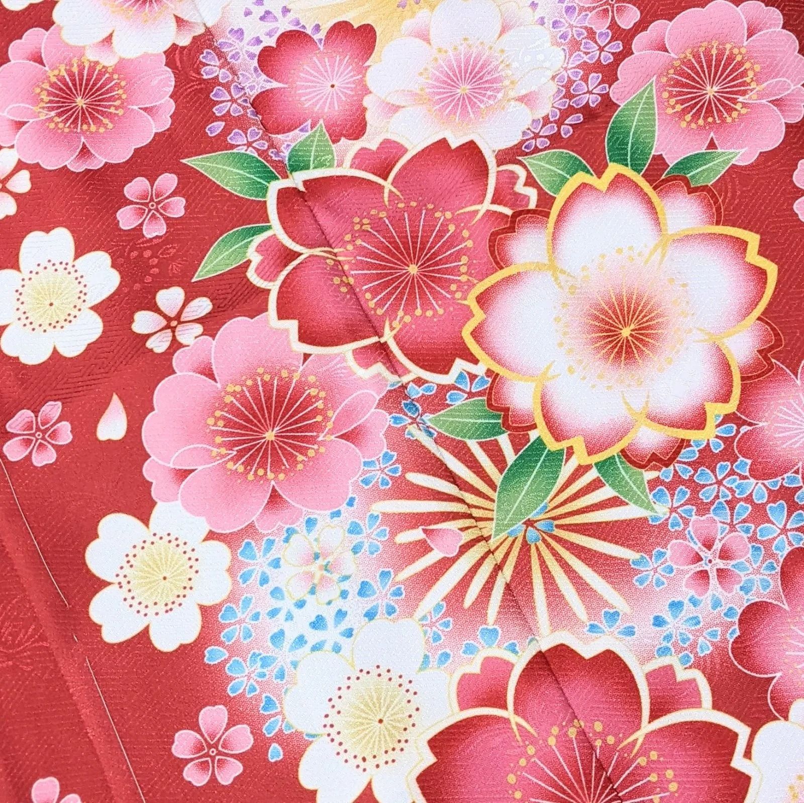 七五三 女の子 7歳 四つ身 着物 襦袢付き 絵羽柄 白 赤 桜 BY7-4