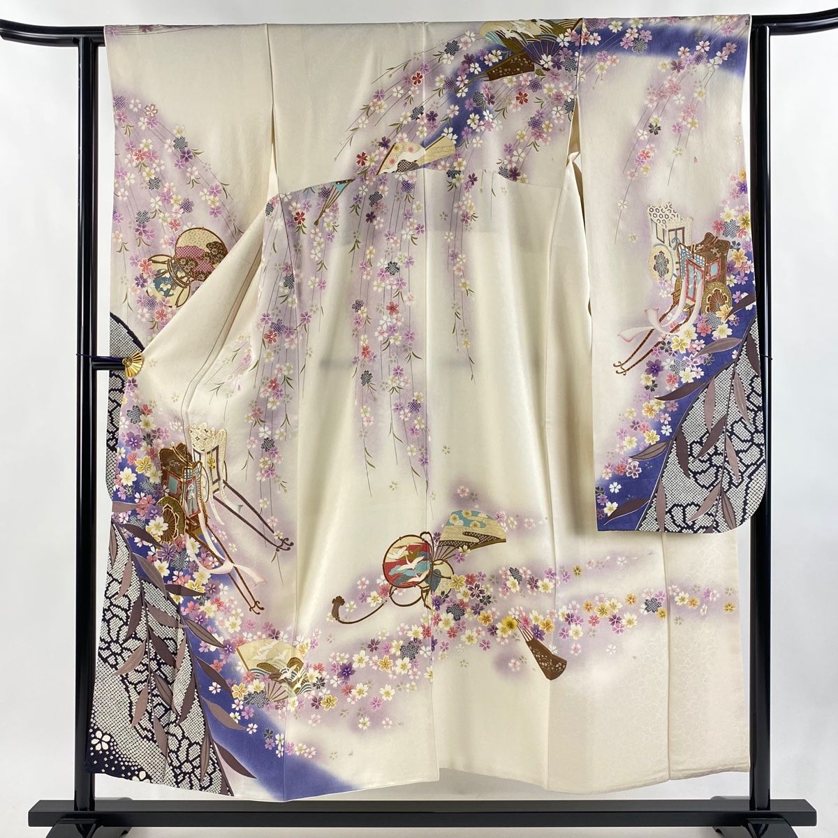 振袖 身丈151.5cm 裄丈63cm S 袷 御所車 枝垂れ桜 金通し 金銀彩 クリーム 正絹 名品