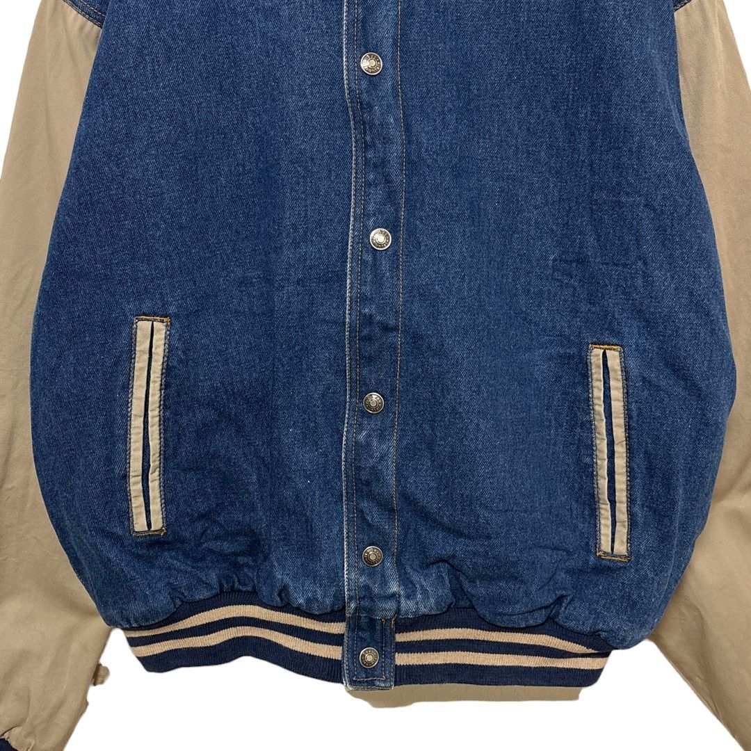 古着 刺繍ロゴ 切替デニムスタジャン インディゴ ベージュ オーバーサイズ トライマウンテン Tri・Mountain デニム スタジャン