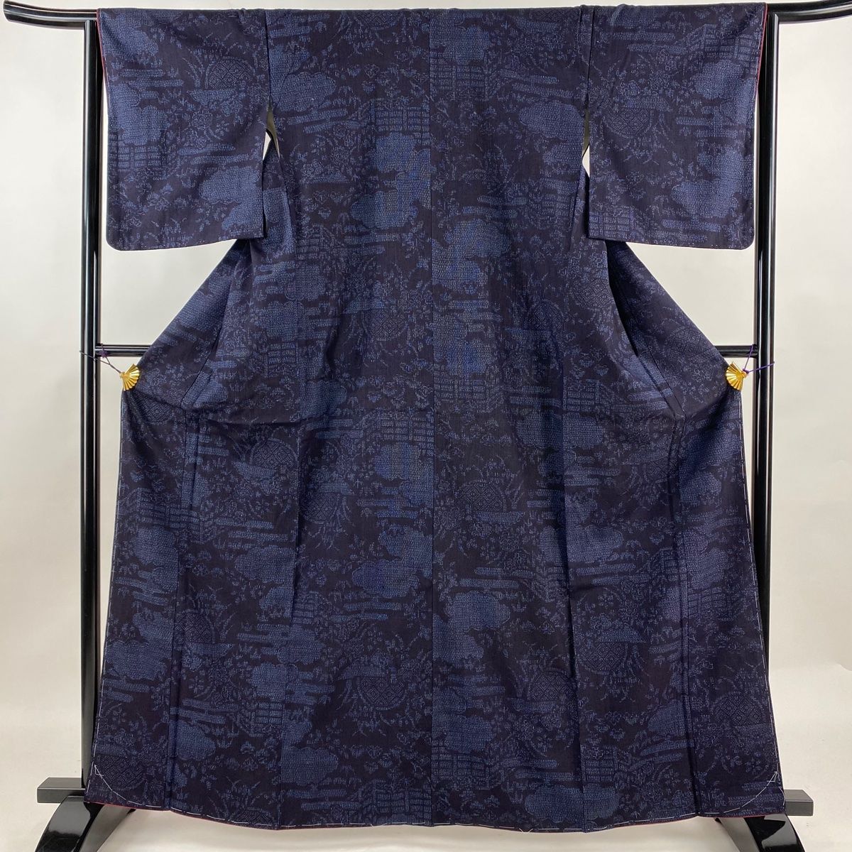 結城紬 身丈163.5cm 裄丈63.5cm S 袷 証紙 雲文 草花 濃紺 正絹