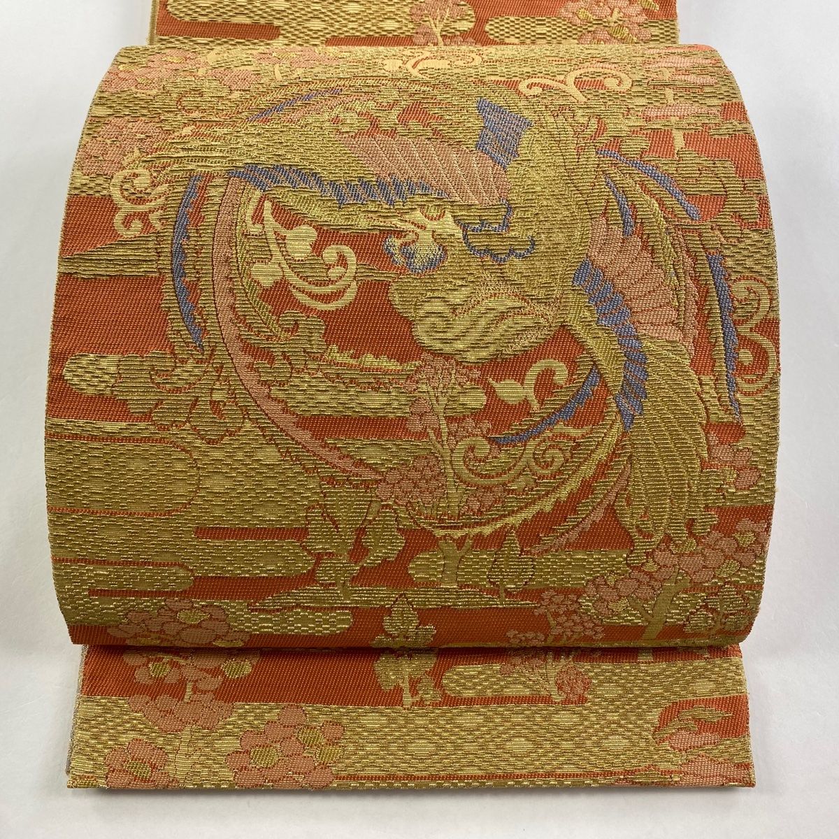 未使用　オレンジ系 花柄 袋帯 絹製 新古品袋帯 全通柄 正絹 未使用品 逸品袋帯 金糸 古典柄 a2m1m5