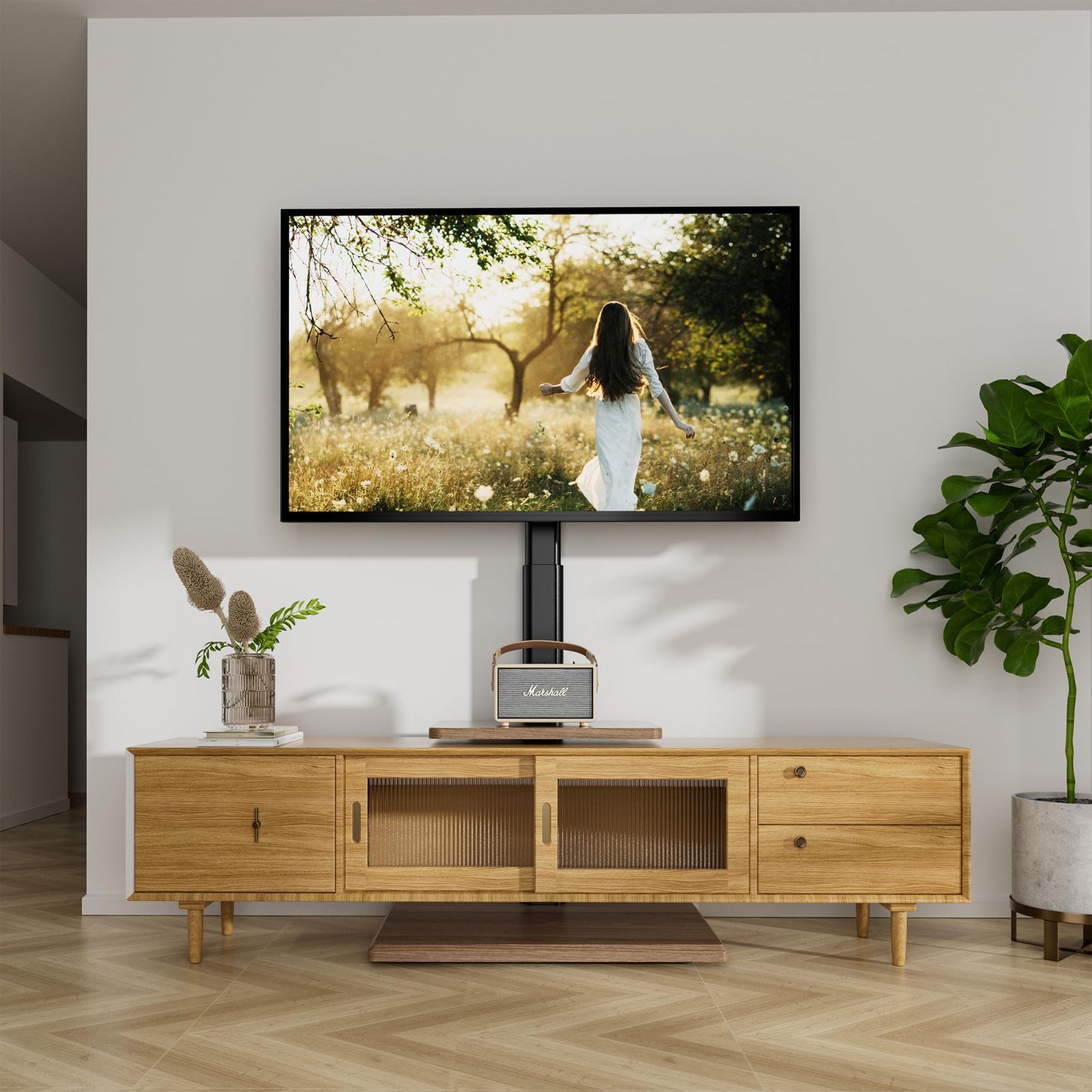 棚板付きテレビ台 VESA規格400×400mm ハイタイプ 壁寄せ 自立式 高さ調節 キャスター付き TVスタンド 左右首振り 耐荷重40kg 26～65インチ対応 壁寄せテレビスタンド 家用 業務用 隠しキャスター付き テレビスタンド ウォルナット MOU