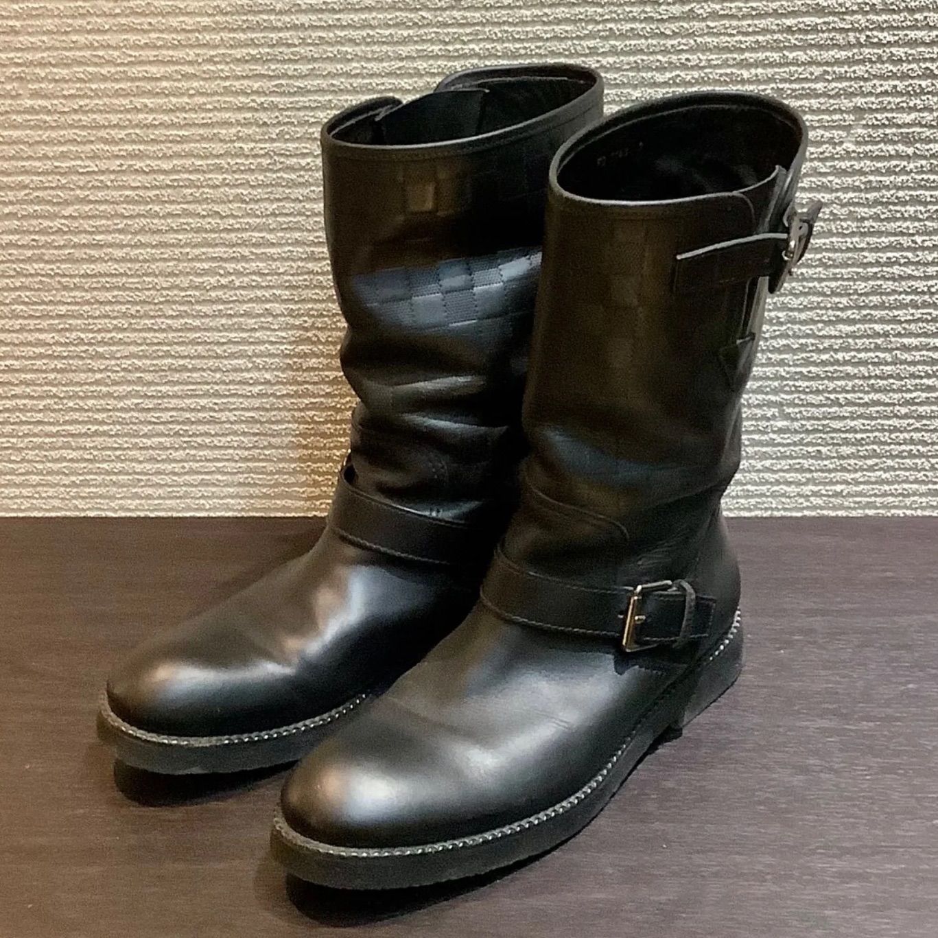 ルイヴィトン LOUISVUITTON ダミエアンフィニ エンジニアブーツ レザー 黒 ブラック シルバー金具 7 メンズ 約26cm B415|T42