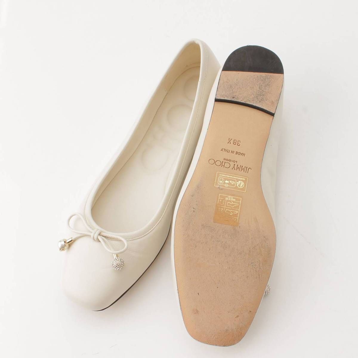 ジミーチュウ パールパンプスシューズホワイト 38【中古】 ジミーチュウ】Jimmy Choo Elme Flat パール付き フラット