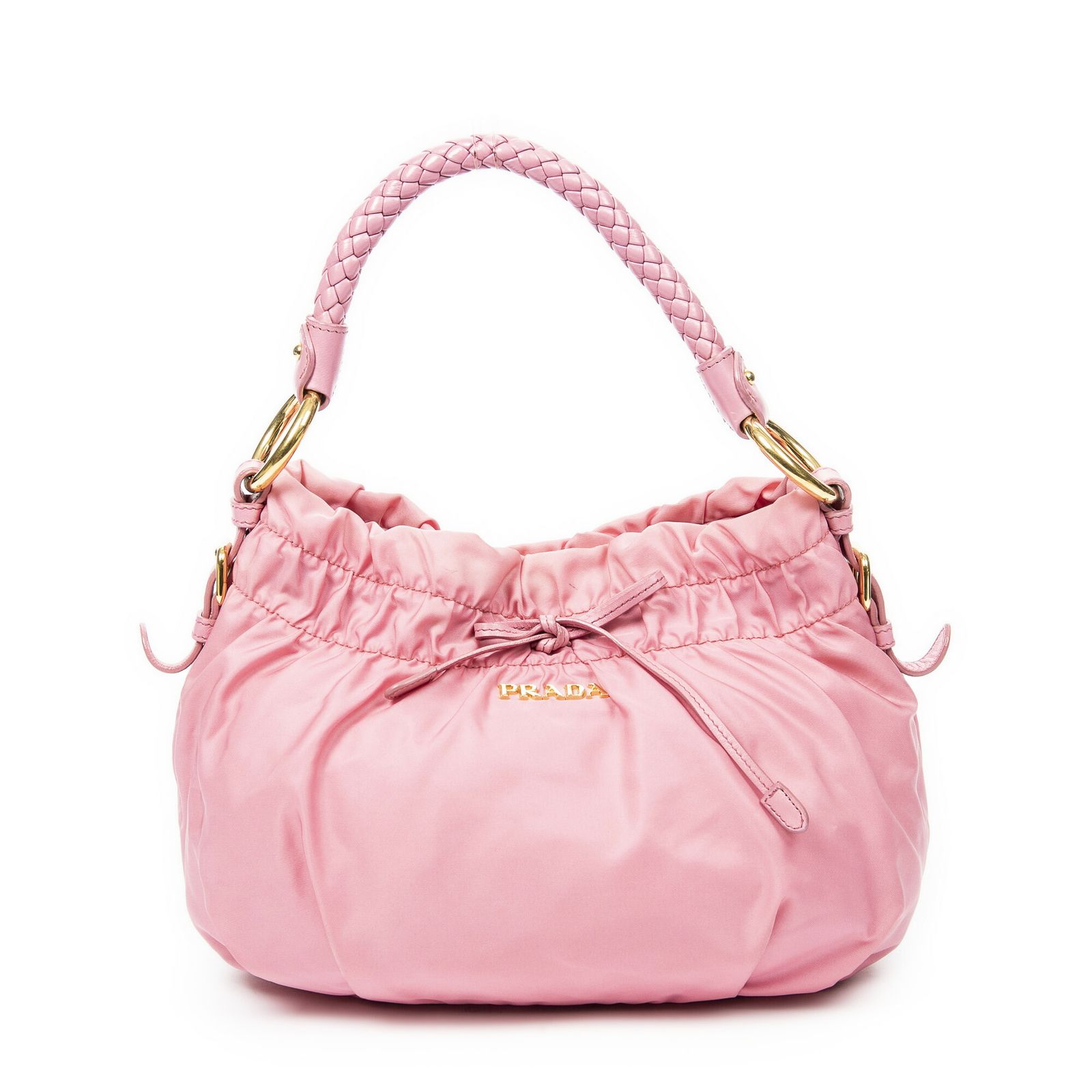 PRADA プラダボウブレイデッドバケットピンクナイロンキャンバスA