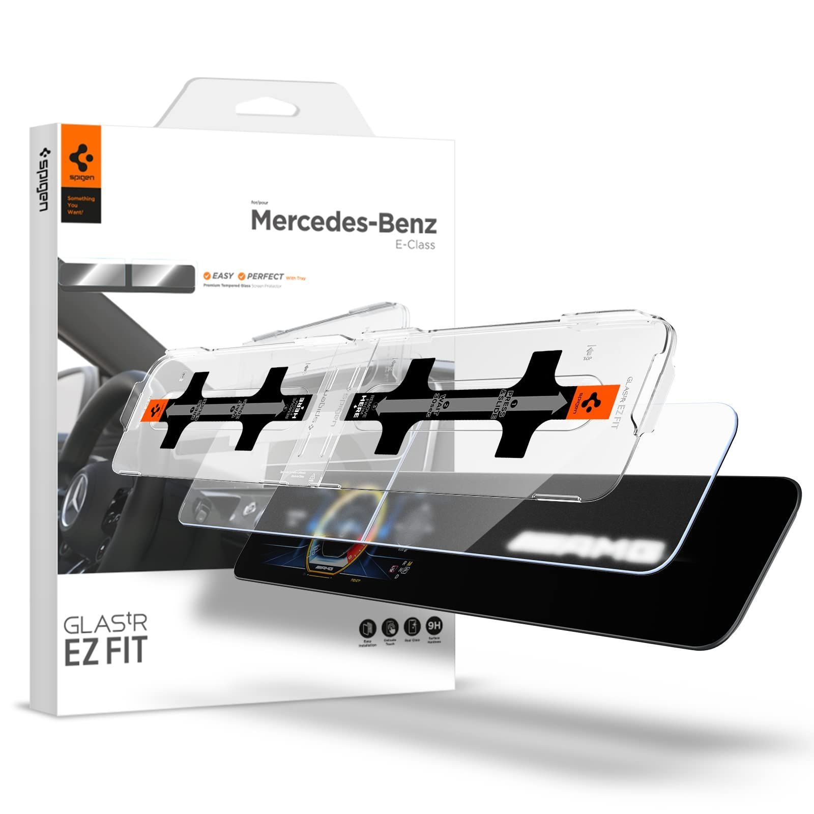 Spigen EZ Fit ガラスフィルム メルセデス ベンツ Eクラス 2017-2021年 W213 と GLE 2019-2022年 と メルセデスベンツ-AMG GT43用 貼り付けキット付き アンチグレア加工 さらさら AG 保護 フィルム 左右 1