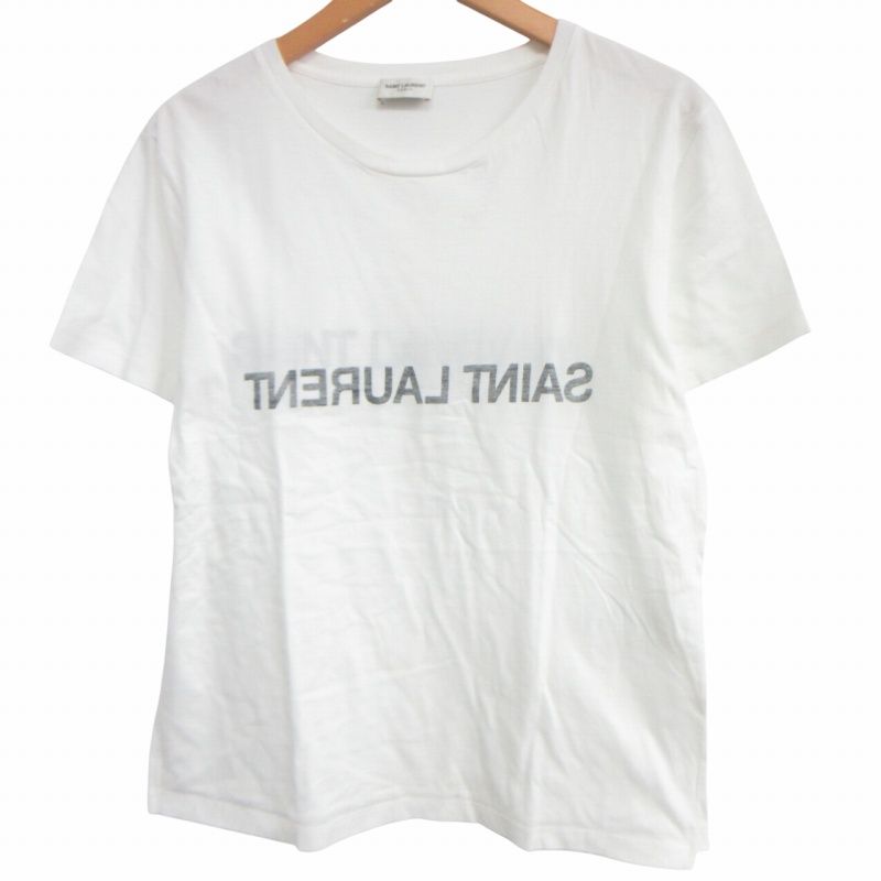 サンローラン パリ SAINT LAURENT PARIS 21SS リバースロゴTシャツ カットソー プリント カットオフ 半袖 白 ホワイト Mサイズ IBO64