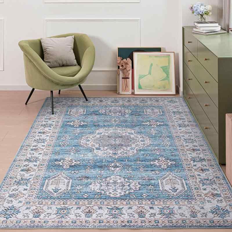 u-living カーペット ペルシャ絨毯 ラグ 3畳 洗える 200x250CM 花柄 オールシーズン 軽量 快適 滑り止め付 床暖房対応 防ダニ 防臭 ブルー