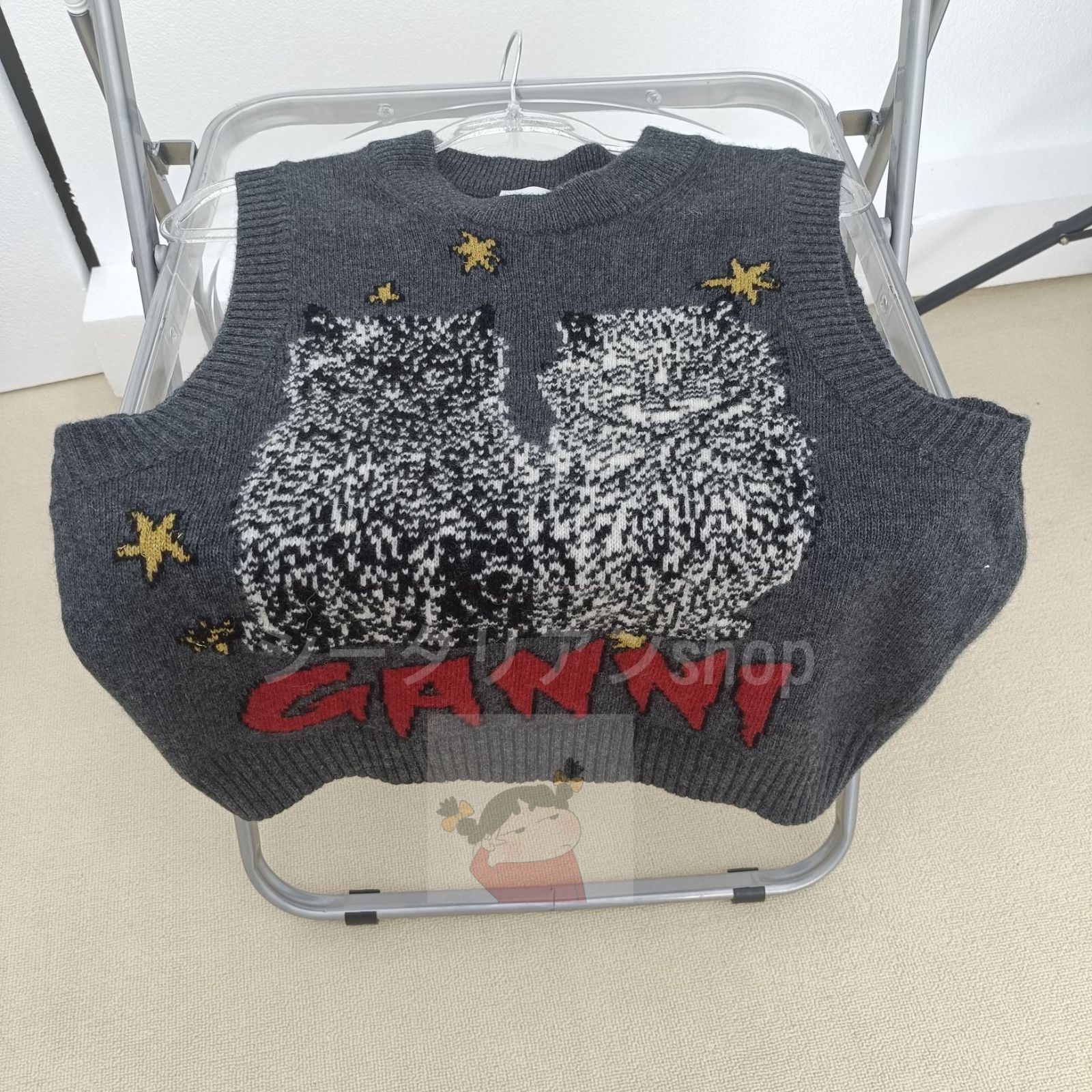 猫LOGO手作りラウンドネックショート丈ノースリーブニットベスト