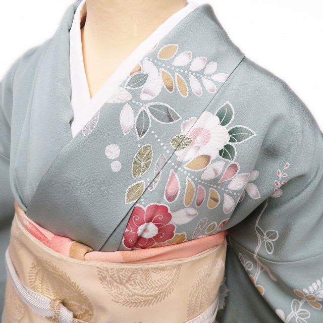 訪問着 刺繍柄 上品な花模様 貝桶 金彩 暈し 錆青磁色 K-4086 訪問着 刺繍柄 上品な花模様 貝桶 金彩 暈し 錆青磁色 K-4086