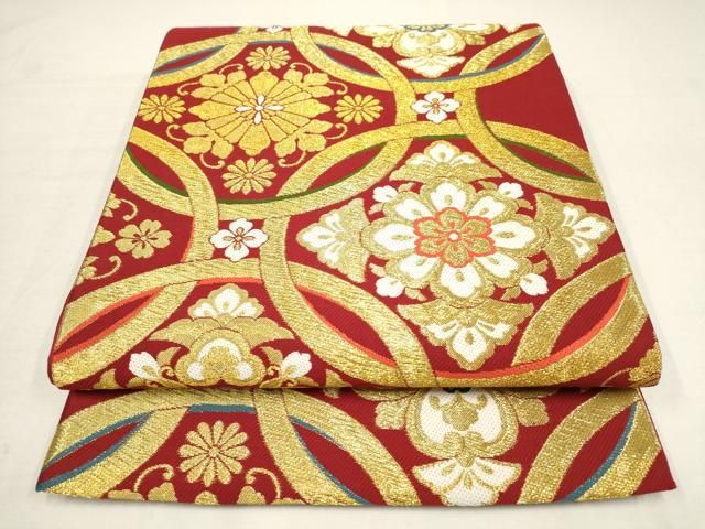 平和屋着物○振袖用 六通柄袋帯 唐織 七宝花文 金糸 正絹 逸品