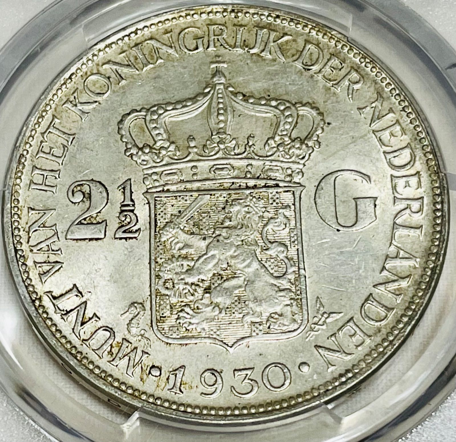 貴重な大型銀貨！ウィルヘルミナ（オランダ女王）：2.5G銀貨1938年MS62シルバー