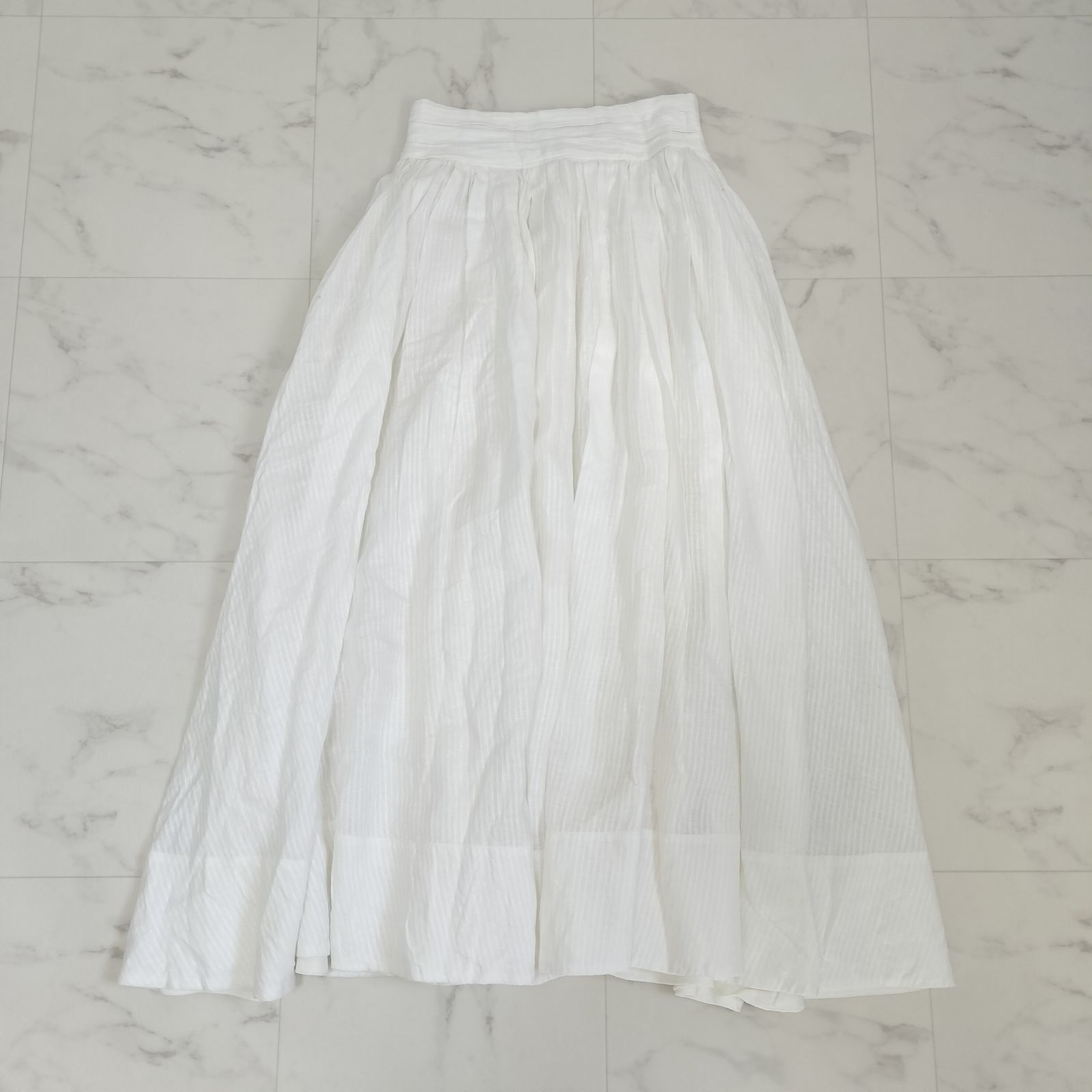 ebure エブール 麻 ロング丈 ボリュームギャザースカート 白 36 S M