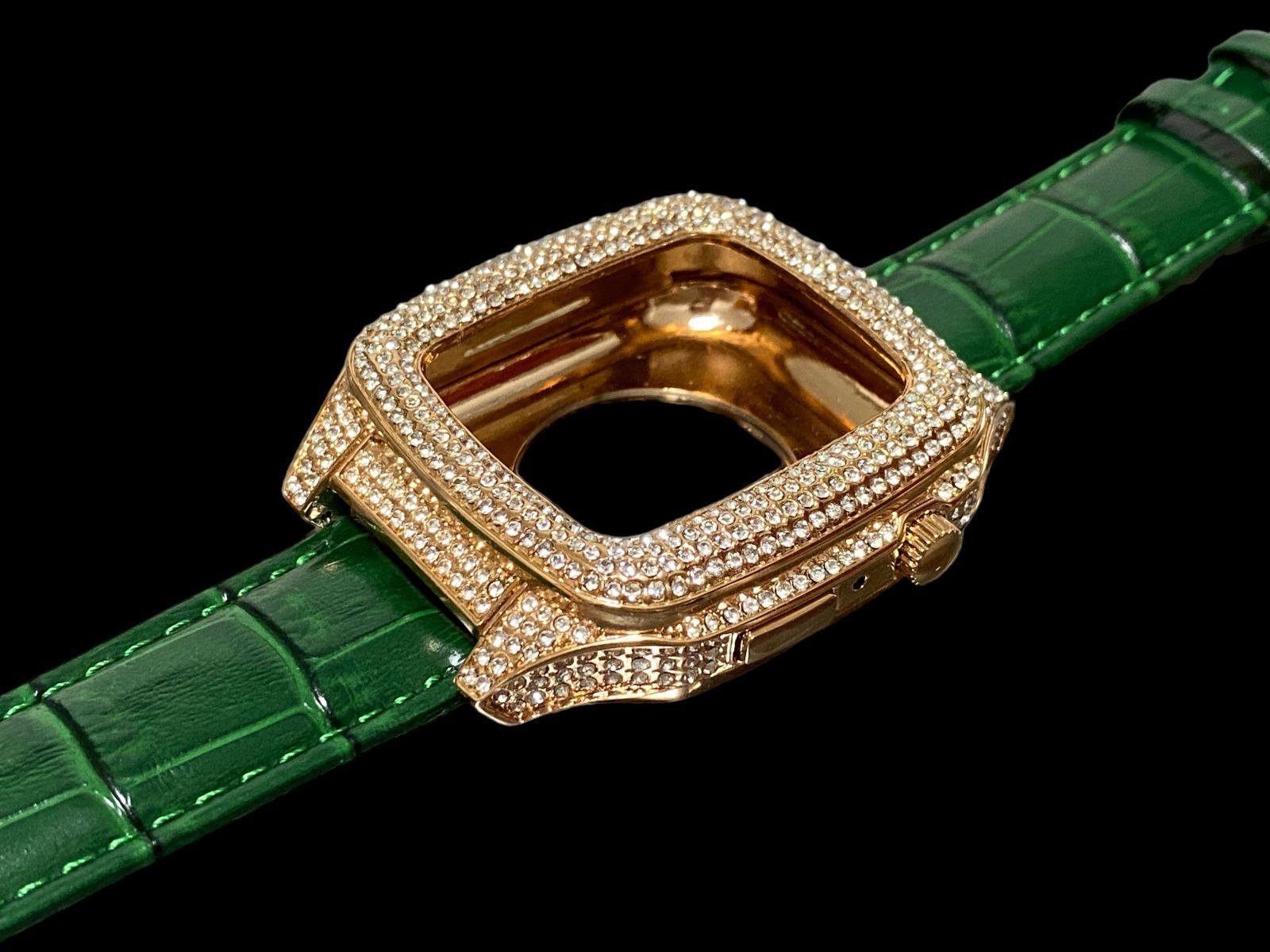 ローズ　グリーン　applewatchバンド　ステンレス　カバー　キラキラ　ラバーベルト　アップルウォッチケース　44mm45mm  メンズレディース