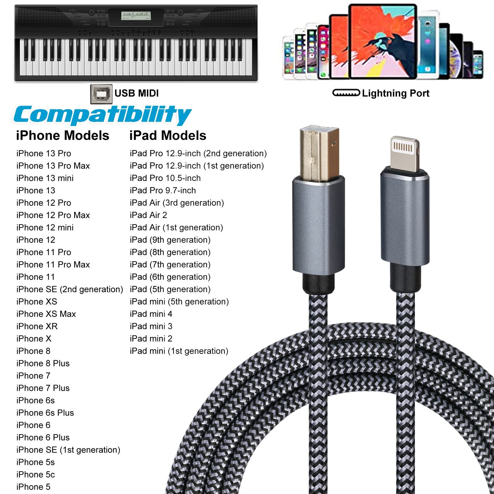 Câble OTG USB Type B Vers Lightning – 150 Cm, Pour Connecter Instruments MIDI, Interfaces Audio à IPhone/iPad, Transmission Stable, Sans Latence