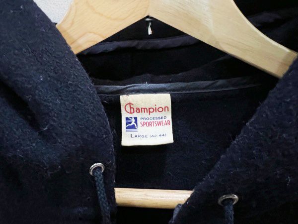 G38★BEAMS別注 Champion/チャンピオン ランタグ復刻 刺繍ウール混ジップアップジャケット チェーン刺繍 フード付き ネイビー メンズ L★