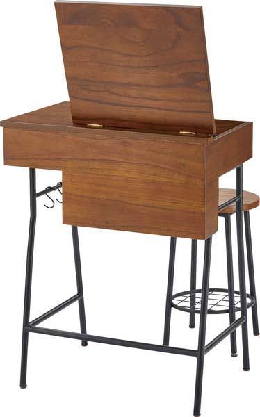 天然木 ミンディ のドレッサー＆スツールセット 開閉式ミラー デスク W60×D38×H76cm スツール φ30×H46cm No.312 ブラウン