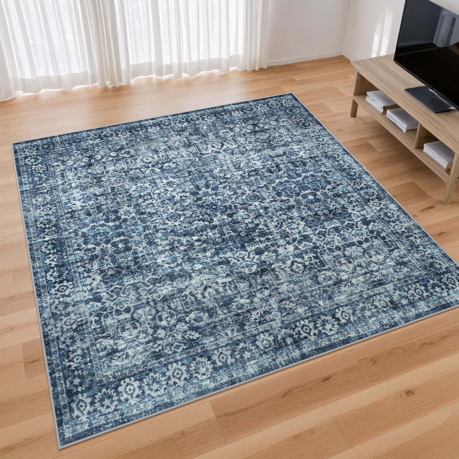 HAOCOO カーペット ラグ 2畳 洗える 185×185cm 正方形 オールシーズン適用 絨毯 ペルシャ風 ふわふわ おしゃれ 滑り止め ホットカーペット対応 防ダニ 防臭 防音 リビング ダイニング デスクマット アンティーク 花柄 ブルー
