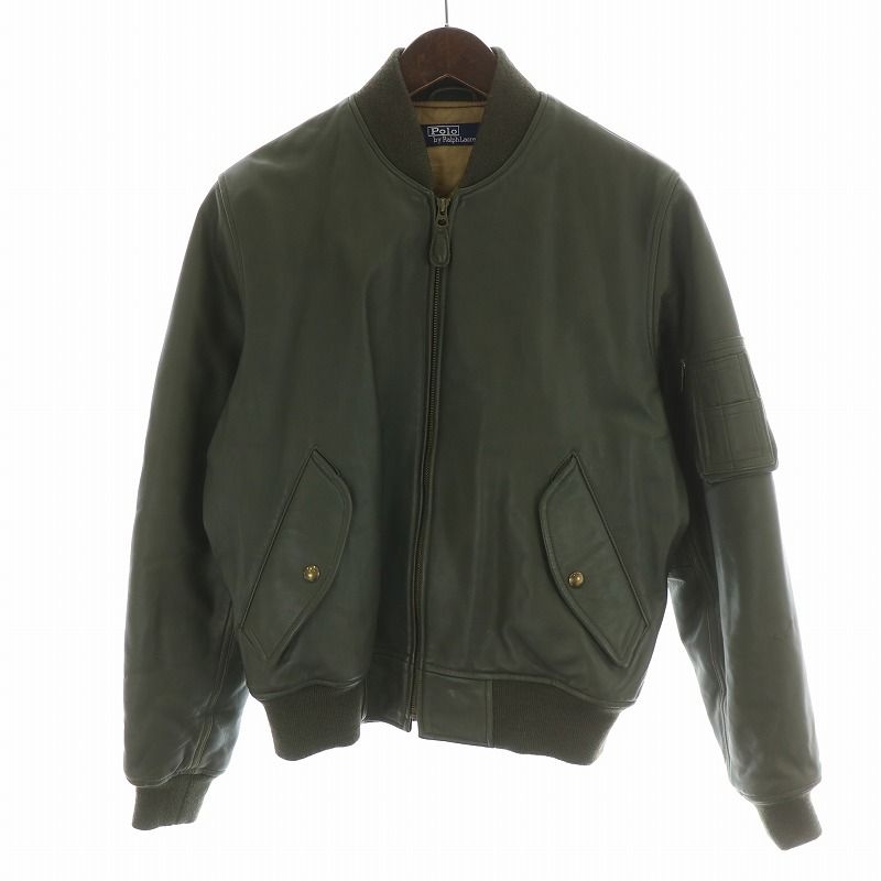 ポロ バイ ラルフローレン Polo by Ralph Lauren 90s ヴィンテージ ラムレザー フライトジャケット MA-1 ブルゾン 革ジャン 羊革 ミリタリー M カーキ オリーブグリーン 緑 グリーン |MW GY35