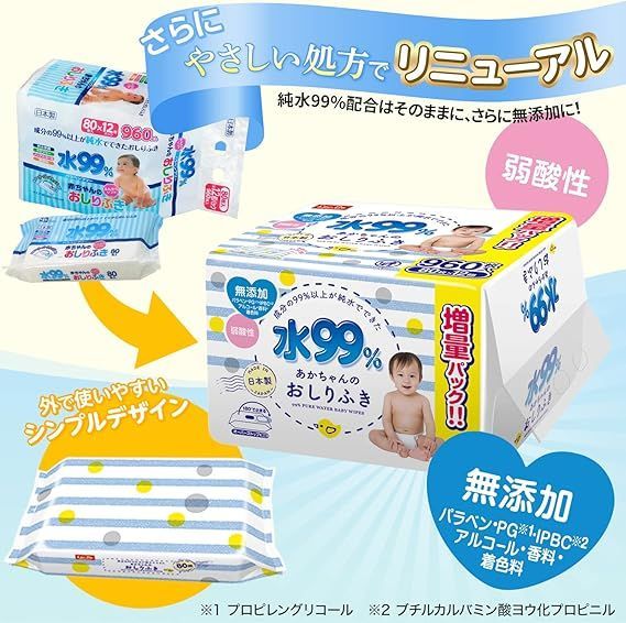 純水ベビーケア レック 純水 99% おしりふき 弱酸性 日本製 白 80枚×12個 (960枚)