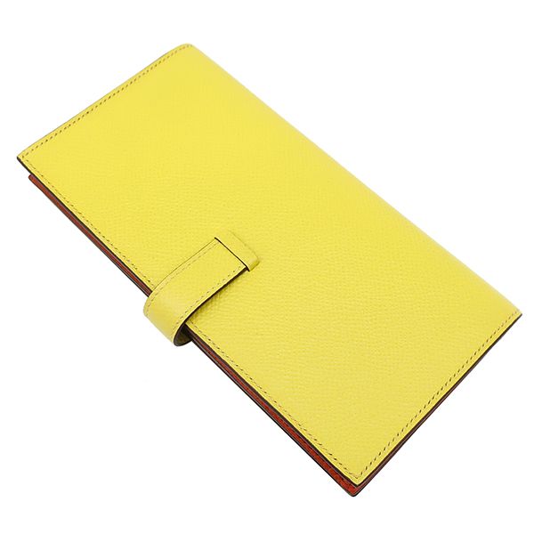 エルメス HERMES 長財布 ベアンスフレ ヴェルソ ヴォーエプソン ライム×テールバテュー シルバー金具 黄色 朱赤 バイ 二つ折財布 Y刻印 箱