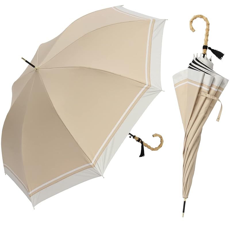 assa 日傘 ワンタッチ レディース 長傘 大きい バンブーハンドル 58cm ワイド 大判 Lサイズ ジャンプ傘 UVカット 100 遮光 遮熱効果 晴雨兼用 FJL004|キャメル