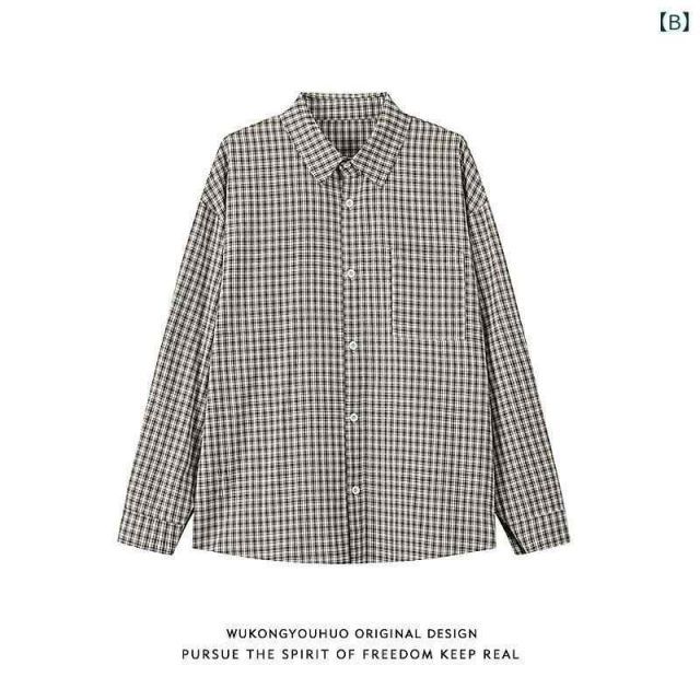 [M]メンズ ファッション 服 用 オシャレ シンプル 大人 かっこいい 大きいサイズ ストリート 紳士服 アメリカン レトロ チェック柄 長袖 シャツ ゆったり クリーン フィット カジュアル