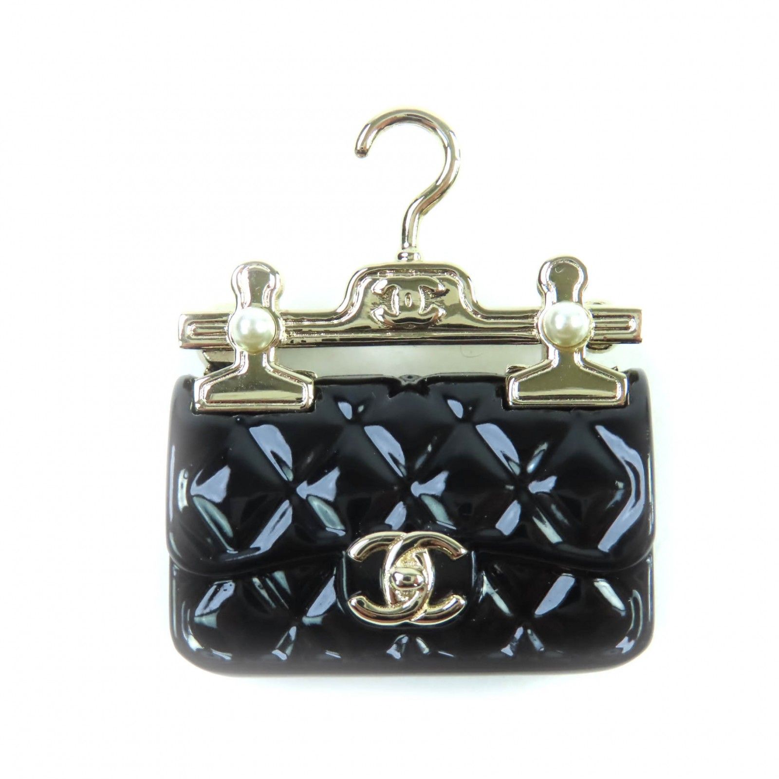 CHANEL シャネル B23C AB9849 ココマーク Fパール付 バッグデザイン ブローチ ブラック ゴールド金具 箱 保存袋付き イタリア製 レディース
