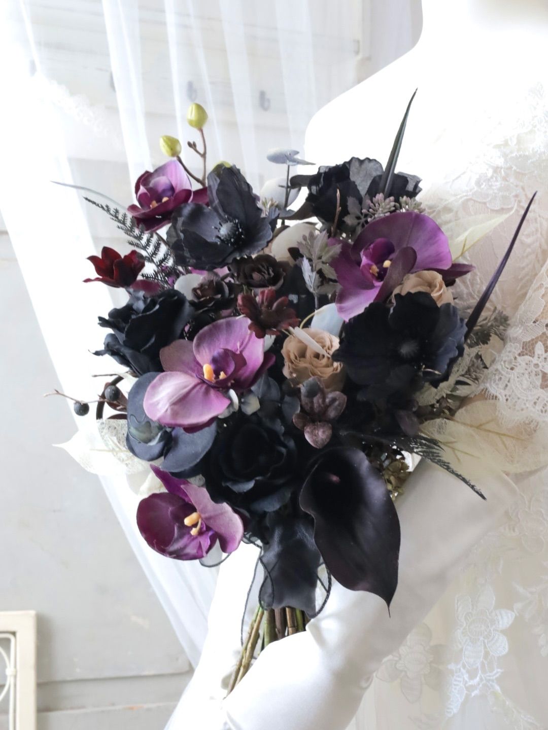 胡蝶蘭ブラックブーケ ウェディングブーケ ブートニアセット ブラックブーケ YUZUMIYA_COM