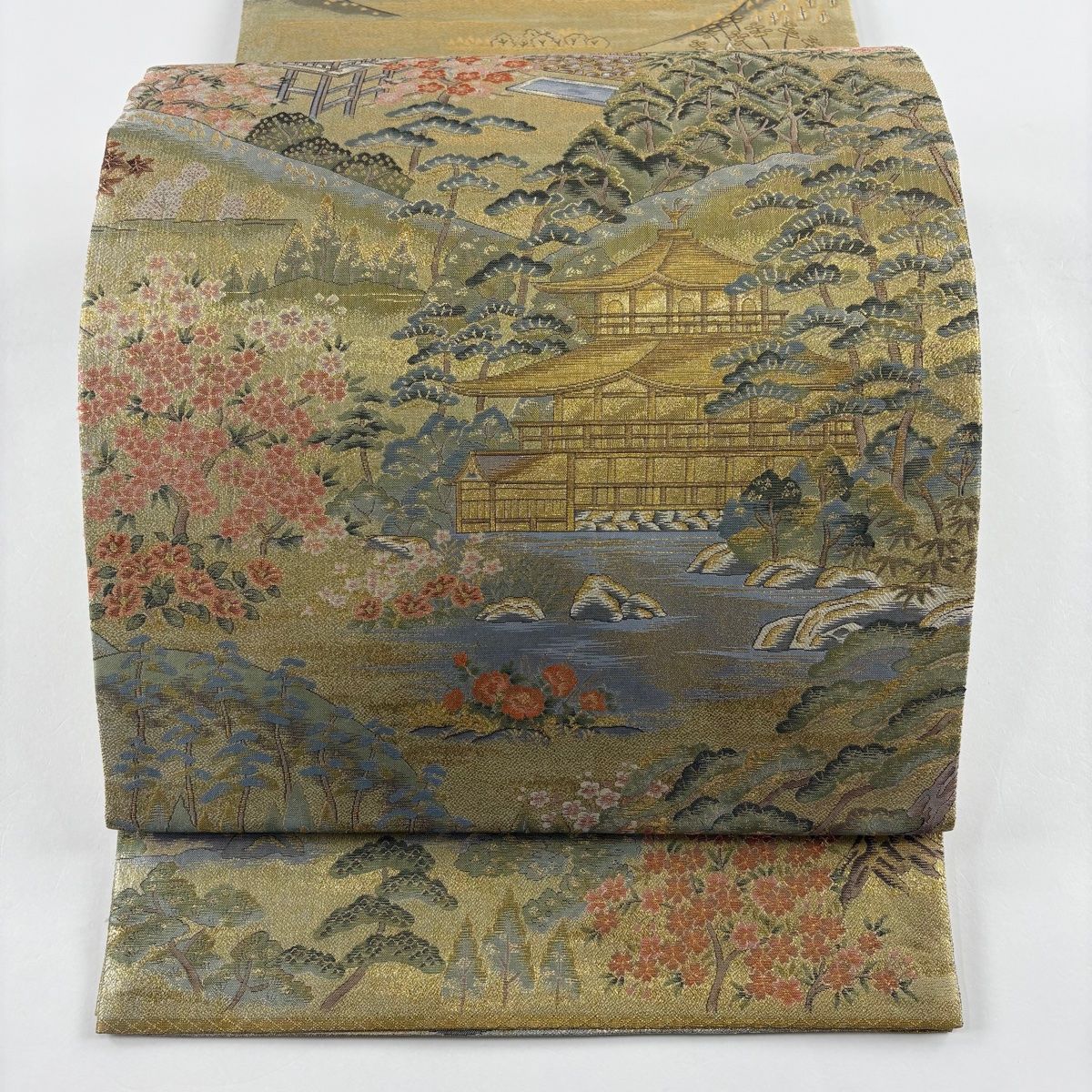 丸帯 名品 金閣寺 京風景 箔 金糸 金色 お太鼓柄 正絹