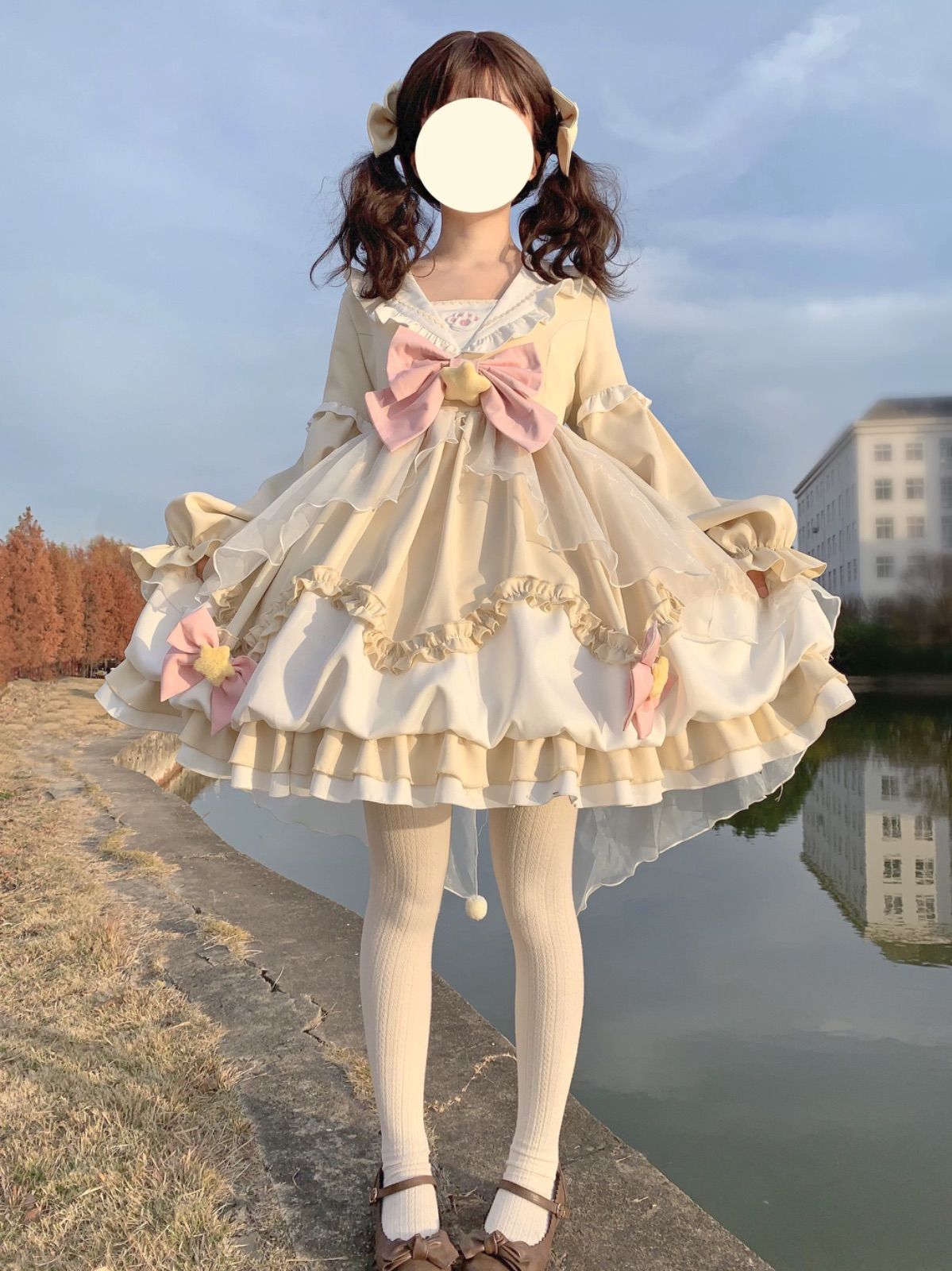 ゆめかわ♡ イエロー長袖ドレスリボン姫華ロリサブカル服ガーリー系 