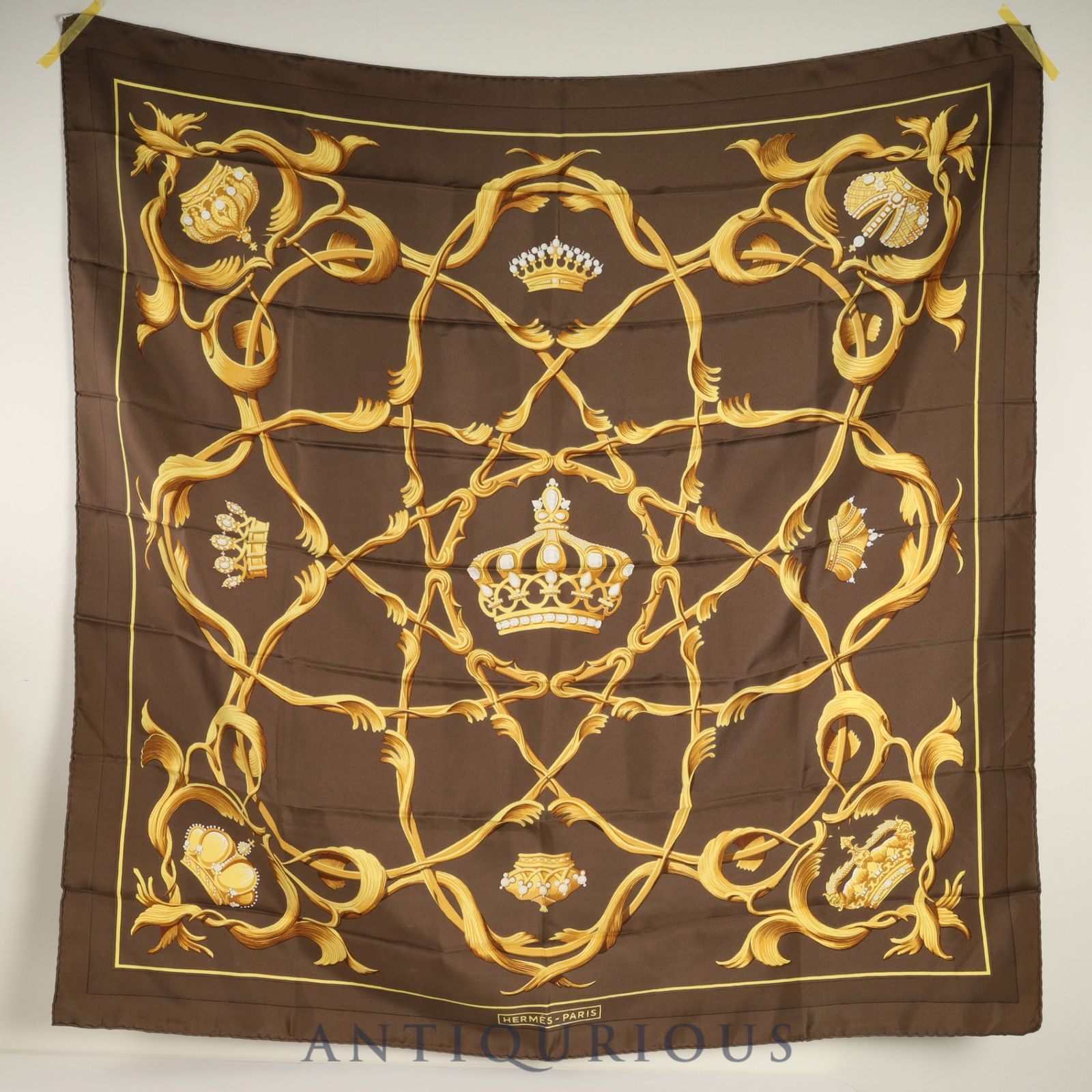 エルメス スカーフ カレ90 王冠柄 ブラウン SILK