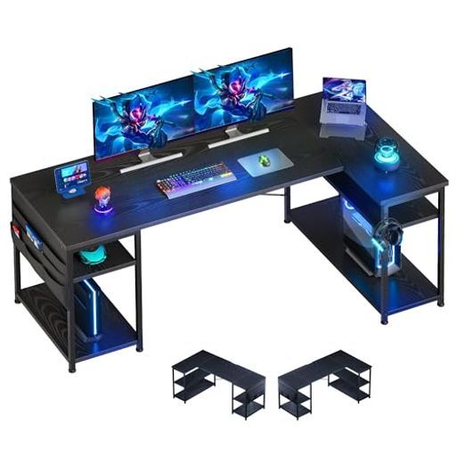 YeToml字デスクゲーミングデスクデスク幅150cmpcデスクコーナーデスク棚板高さ調節 収納袋付きL字型PC勉強机作業在宅勤務リモートワークゲーム書斎収納ラック付き黒い