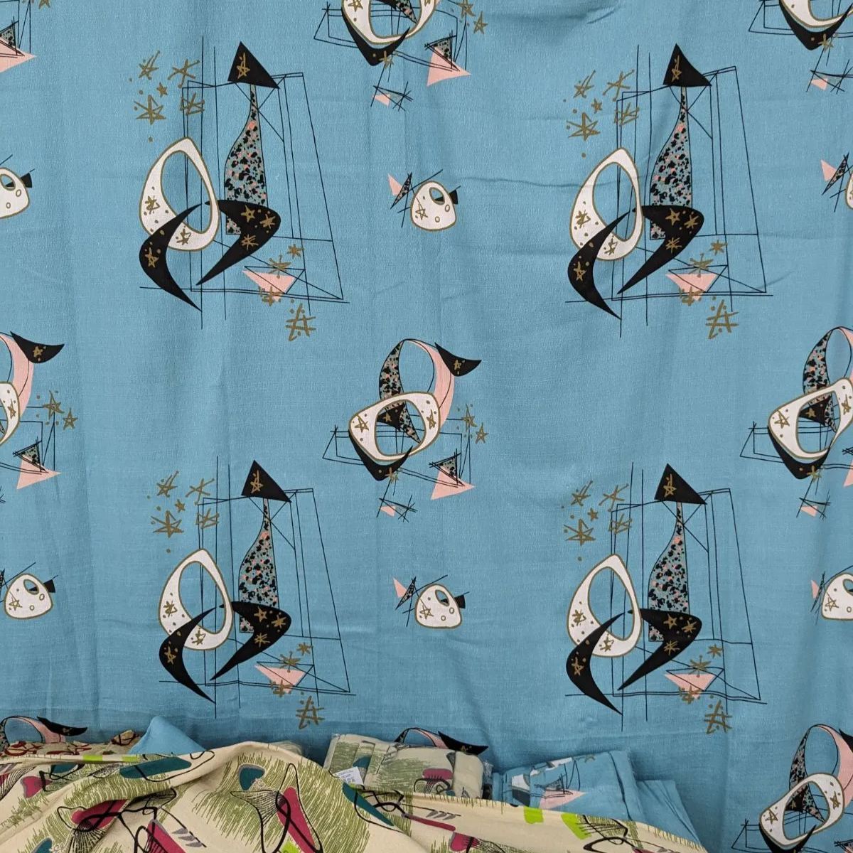 50's柄カーテン140cmブルーパレット