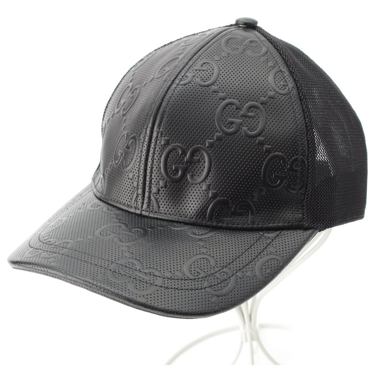 グッチ レザー GGエンボス メッシュ ベースボール キャップ 帽子 627156 ブラック L