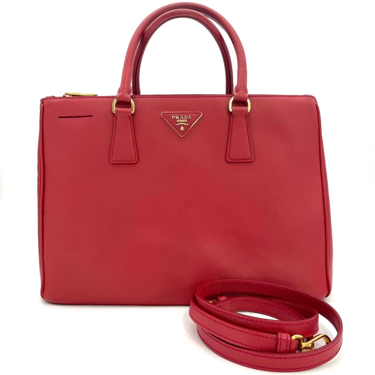 プラダ PRADA ハンドバッグ サフィアーノ レザーレッド 2way ショルダーバッグ ゴールド金具 7-5-608