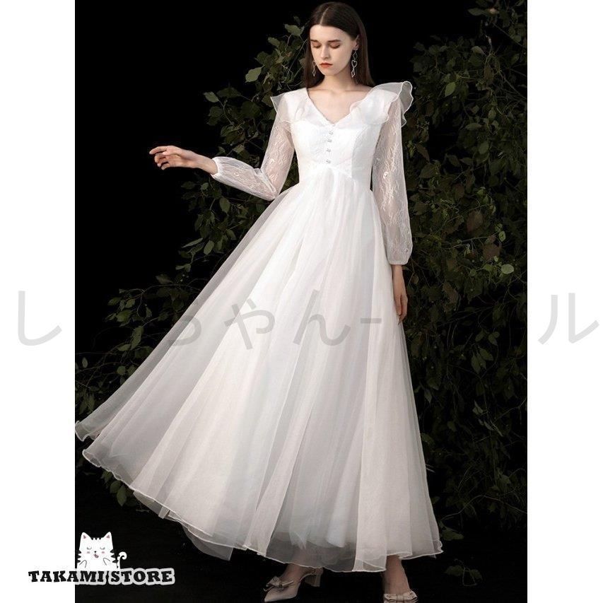 新しい ウエディングドレス 長袖 袖あり 白 エンパイア 結婚式 二次会 花嫁 マタニティ ドレス ロングドレス 大きいサイズ 3L 小さい
