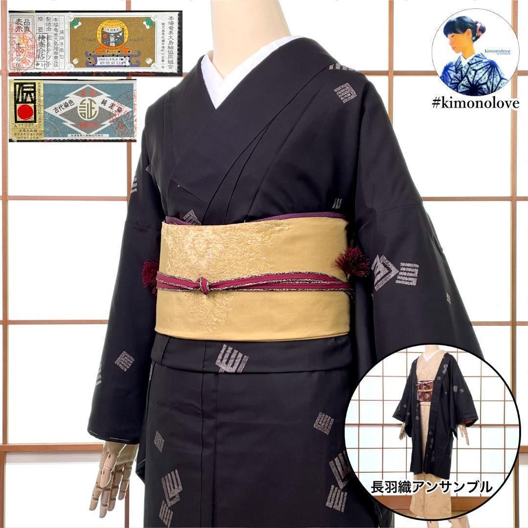 本場奄美大島紬 着物 長羽織 長襦袢 3点セット 泥大島 袷 正絹 源氏香 ブラック大きいサイズ kimonolove 仕付糸付き 手入れ済み品 オゾン消臭サービス A-0536