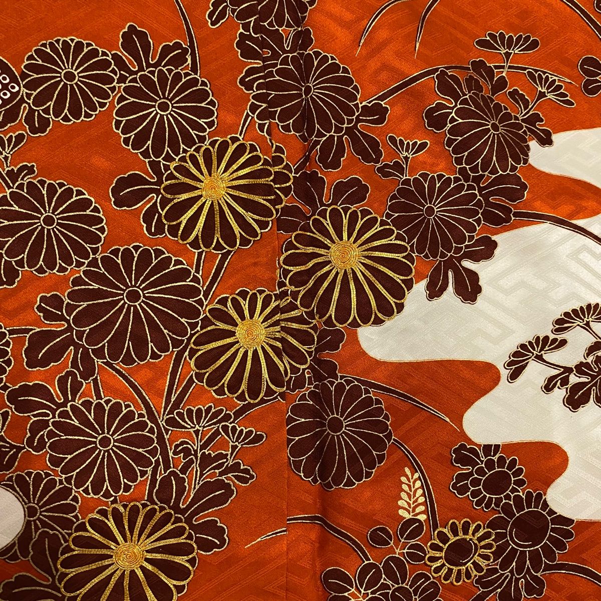 振袖 身丈159.5cm 裄丈65cm M 袷 菊 霞 金糸 金彩 赤茶 正絹 秀