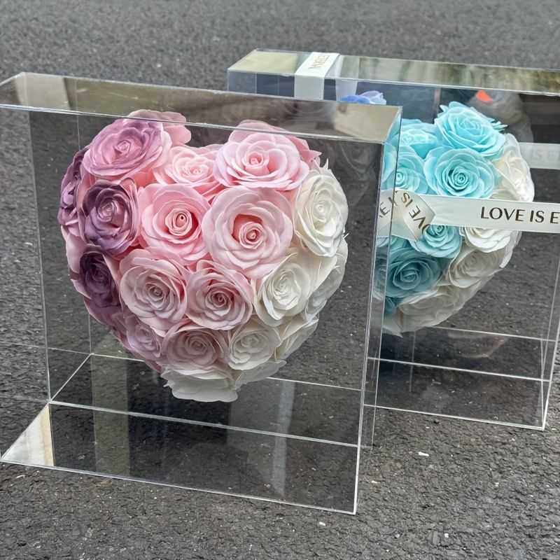 ハート型の永遠の花ギフトボックスアクリルミラーケースお祝いの家の装飾ドライフラワー電源不要14歳以上3DディスプレイqBG