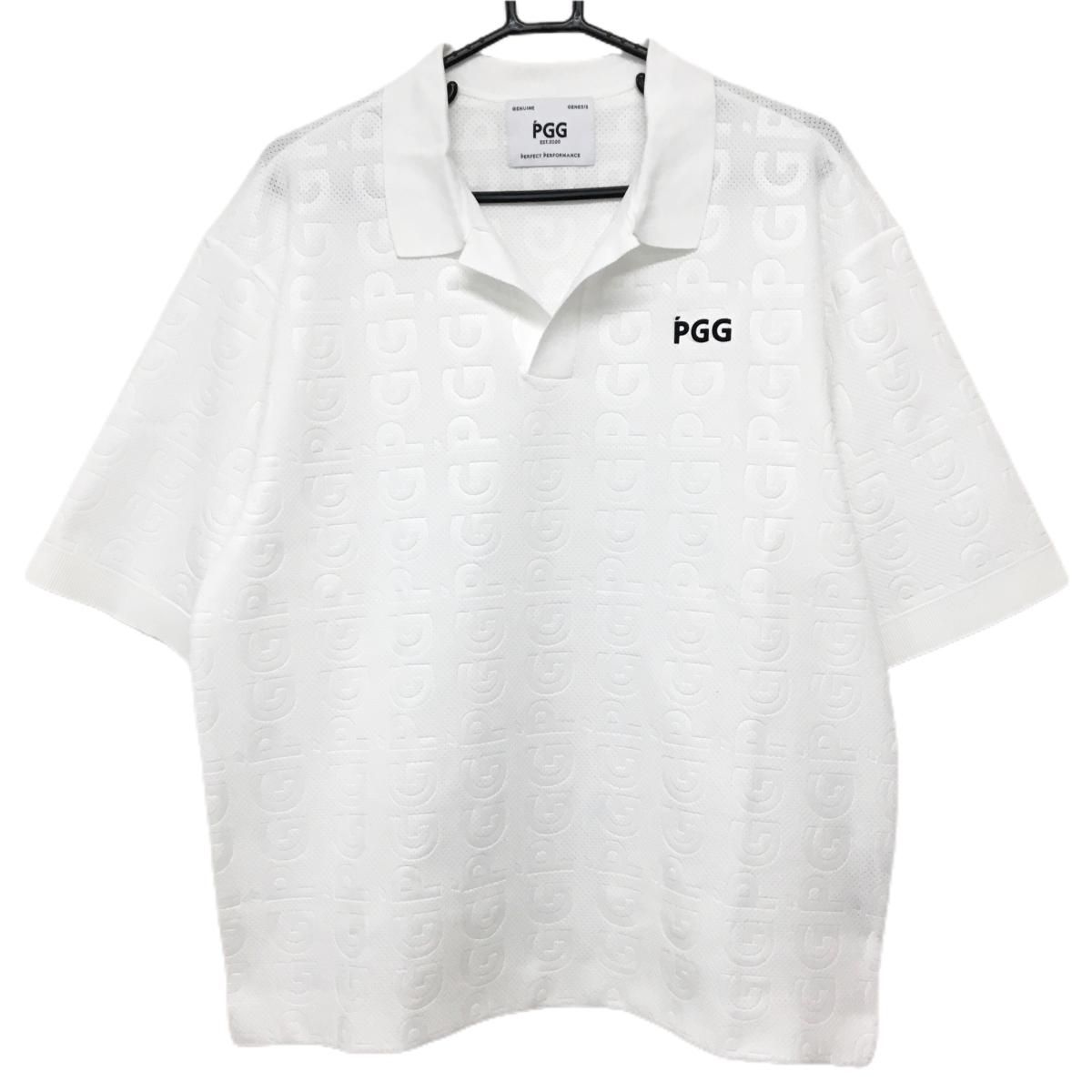 特価【超美品】PGGパーリーゲイツ 半袖スキッパーシャツ 白 ロゴ総柄織生地  メンズ 5(L) ゴルフウェア PEARLY GATES