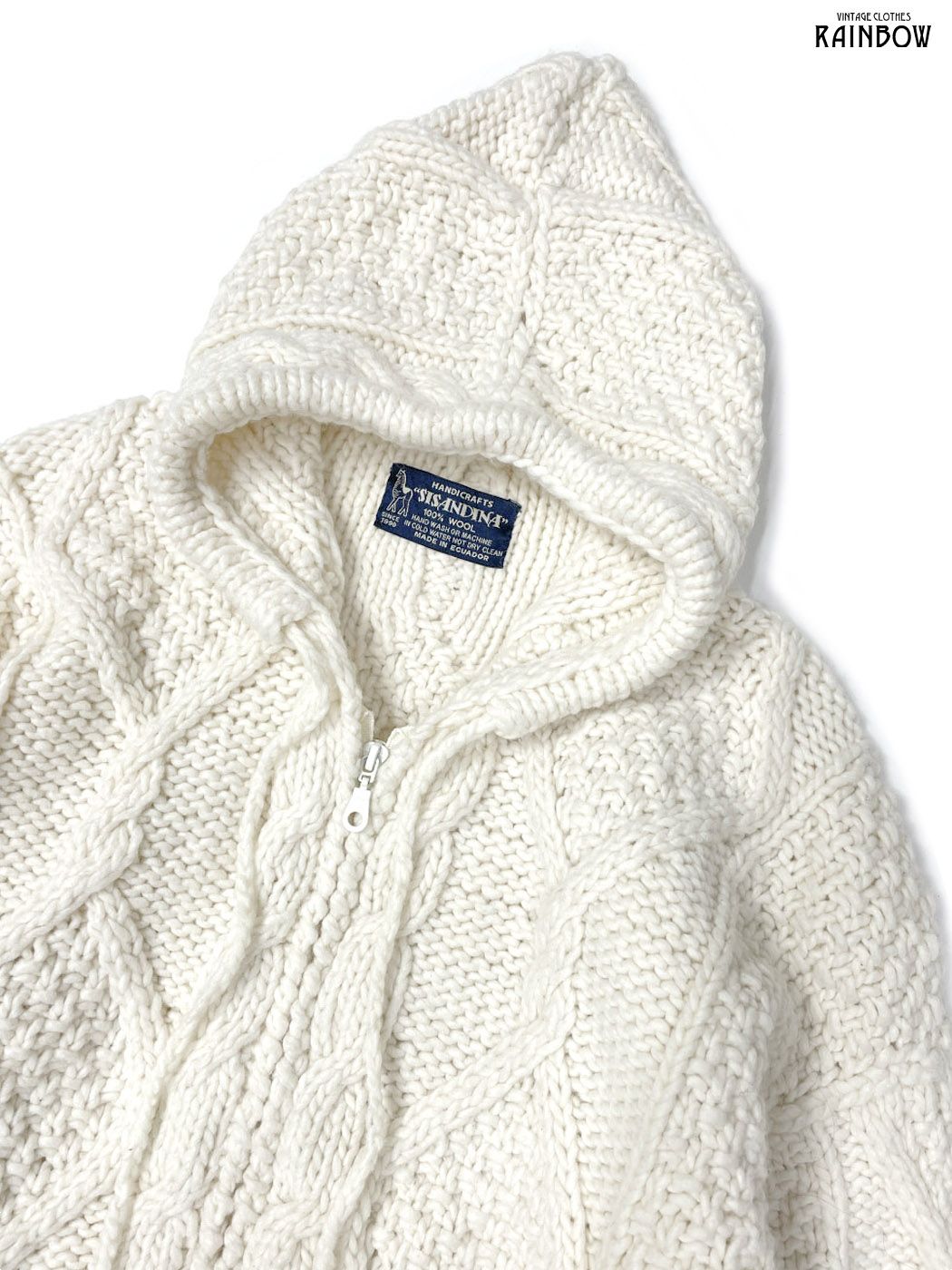 古着 アラン 前開き 無地 ウール100％ 長袖 ニット パーカー アウター 白 生成り ttu 2509048