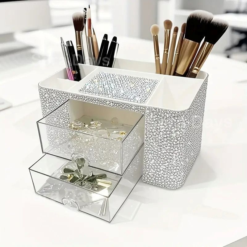 【史上最も激安！】 メイクスタンド コスメボックス キラキラ 2段 デスクトップ おしゃれ かわいい シンプル 感 モダン ナチュラル クラシック インテリア 北欧 化粧品 プレゼント デコレーション オフィス 新生活 パウダールーム ホワイト 19.8×14.3×10 2025限定 BIGセール！