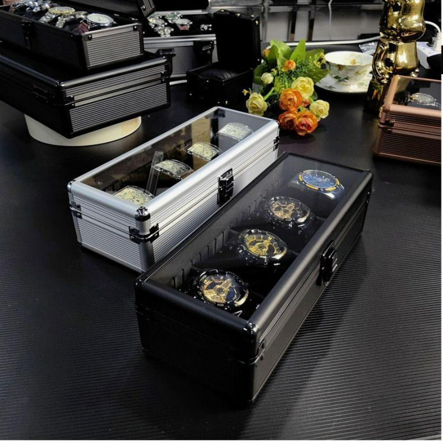時計収納ボックス アルミニウム合金 ４スロット収納 ロック付き お洒落 モダン 感 スタイリッシュ かっこいい SNS映え ディスプレイ