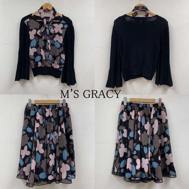 M S GRACY エムズグレイシー セットアップ セットアップ ニット セーター 袖フ 花柄プリント リボンネクタイ付き ギャザースカート