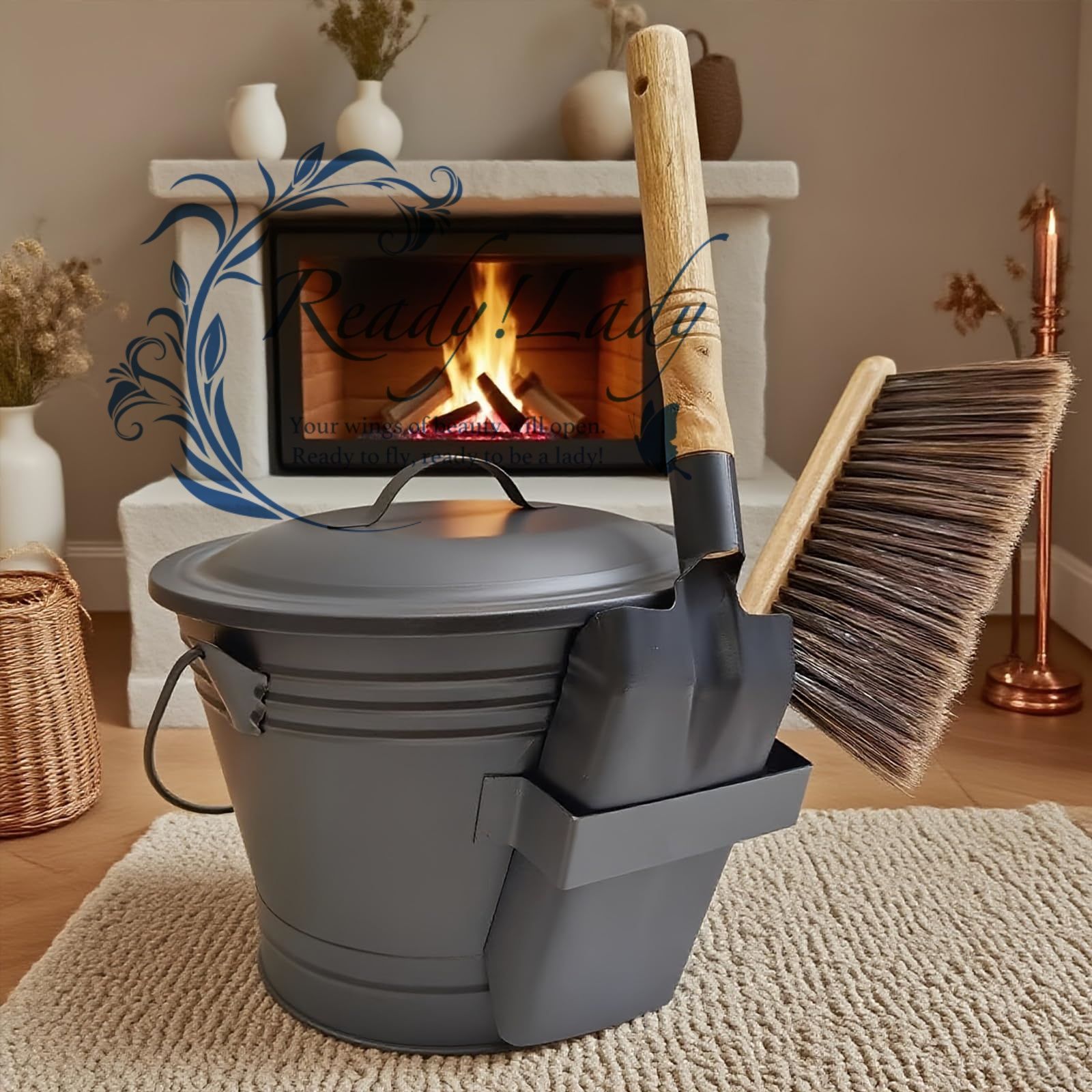 灰入れバケツ 壁炉用 灰受けバケツセット 5L 高耐熱鉄製 灰 ｜蓋 シャベル ブラシ 手袋付き｜焚き火台 グリル 薪ストーブ対応｜灰収容 運搬 清掃一括ソリューション