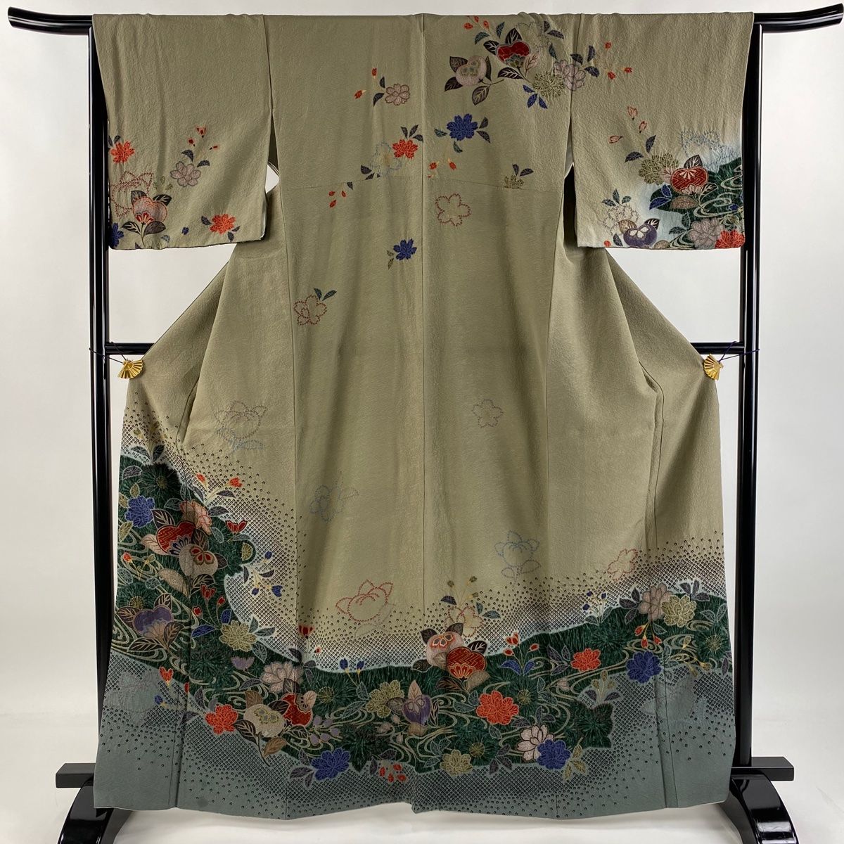 訪問着 身丈165cm 裄丈66cm M 袷 草花 流水 金彩 絞り 灰茶 正絹 秀品