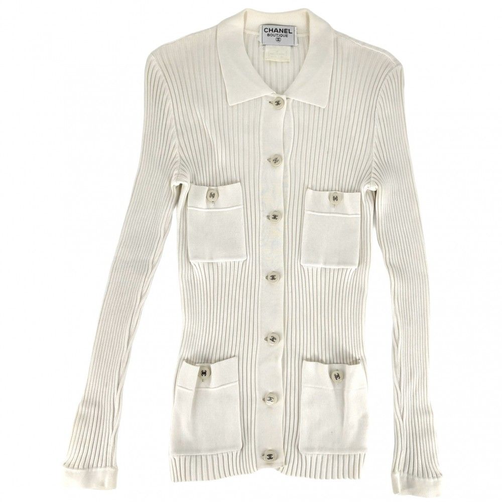 シャネル カーディガン レディース ココマーク ニットシャツ ココボタン 服 トップス アパレル ヴィンテージ CHANEL 38 ホワイト 白 コットン 春 秋 冬 品